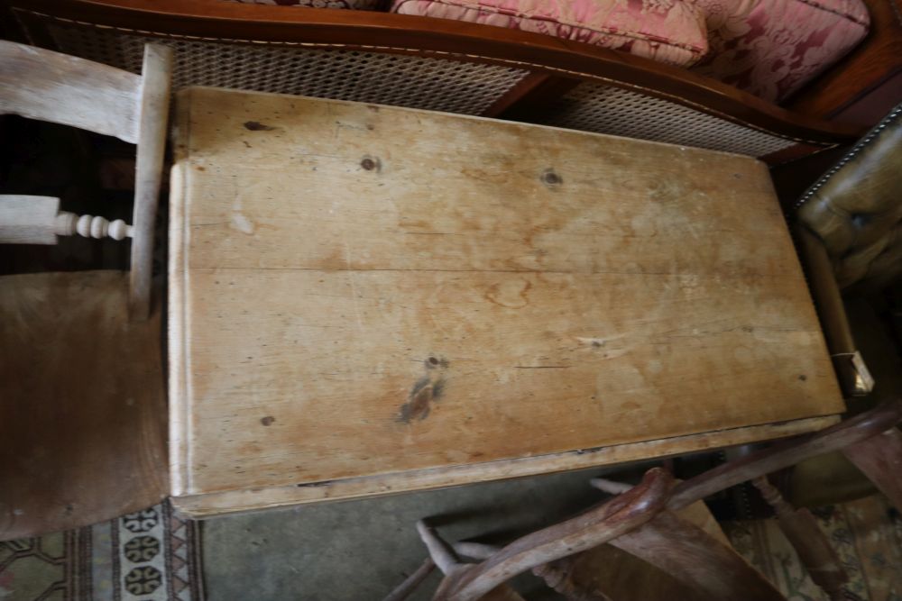 A Victorian pine Pembroke table, width 98cm and three Victorian Windsor chairs